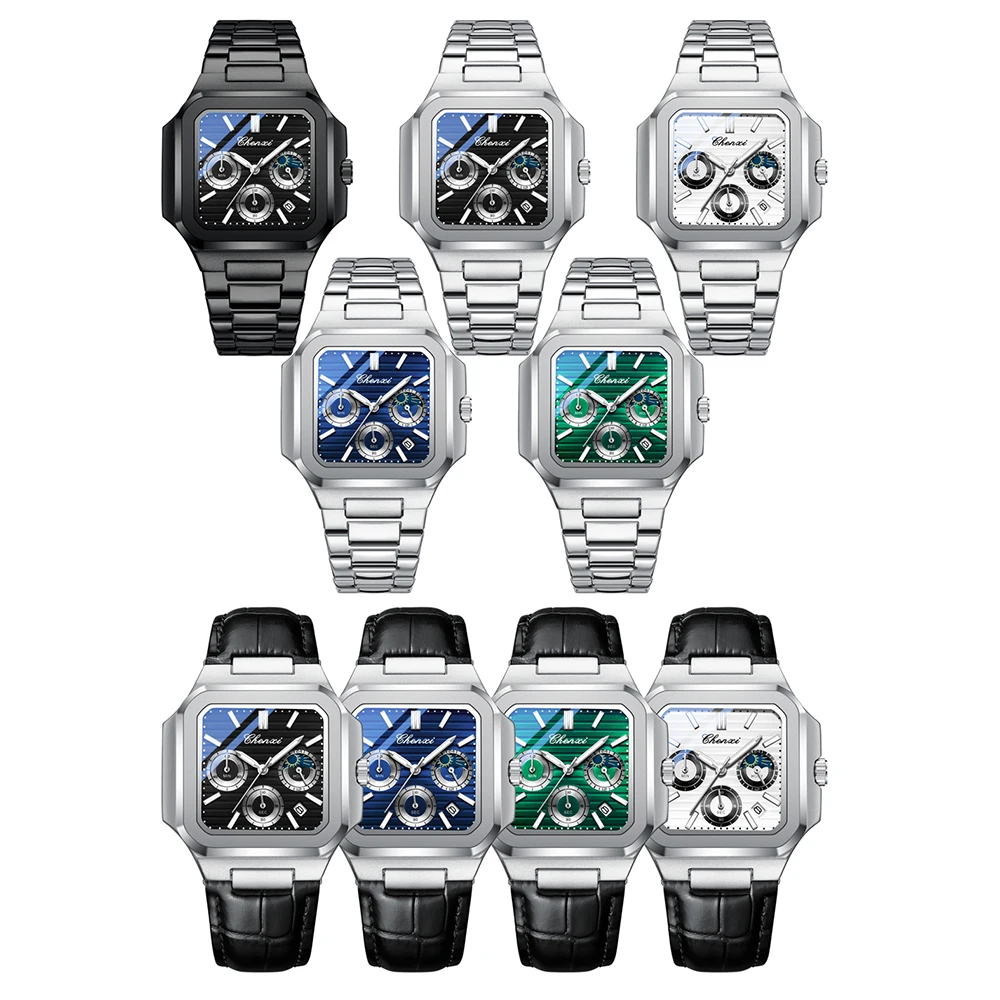 CHENXI Relógio de pulso masculino de negócios mostrador quadrado calendário display relógios de quartzo à prova d'água luminoso cronógrafo relógio masculino