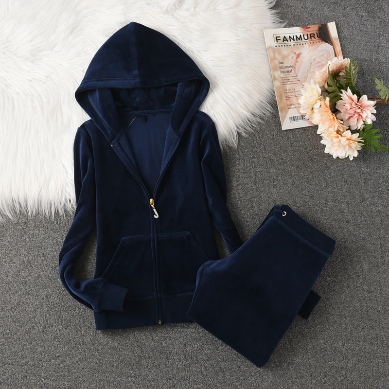 Juicy Coursera Tracksuit 2024 Women\'s Solid Color Top and Pants Suit Velvet Tracksuit Two Piece Set