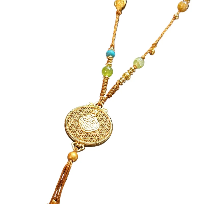 

Китайский ретро полый кулон с гравировкой, цепочка-свитер, длинное ожерелье с бахромой из античного золота