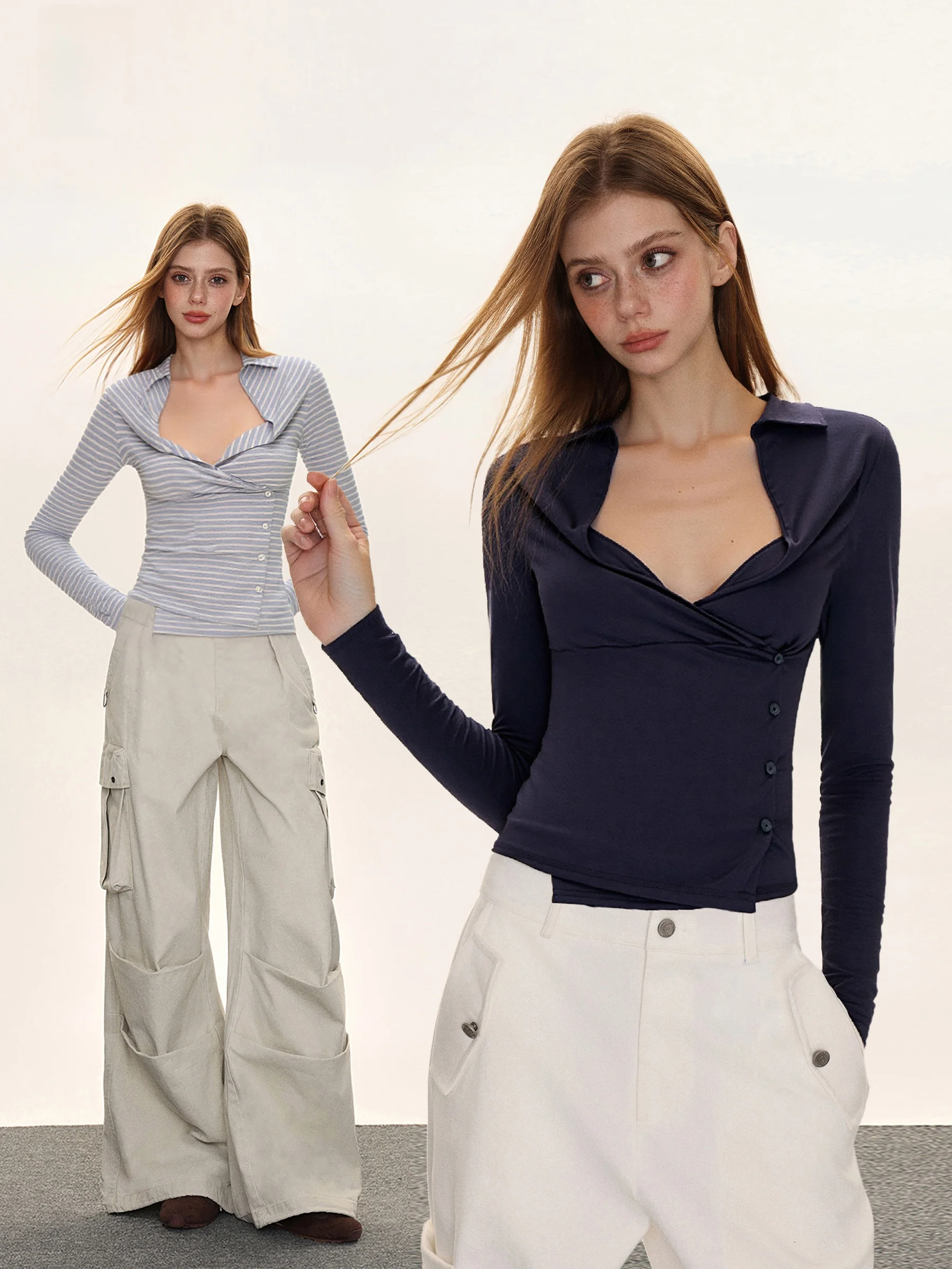 

Frauen повседневный топ на пуговицах с длинным светом и воротником-стойкой на талии для женщин, осенне-зимняя облегающая футболка