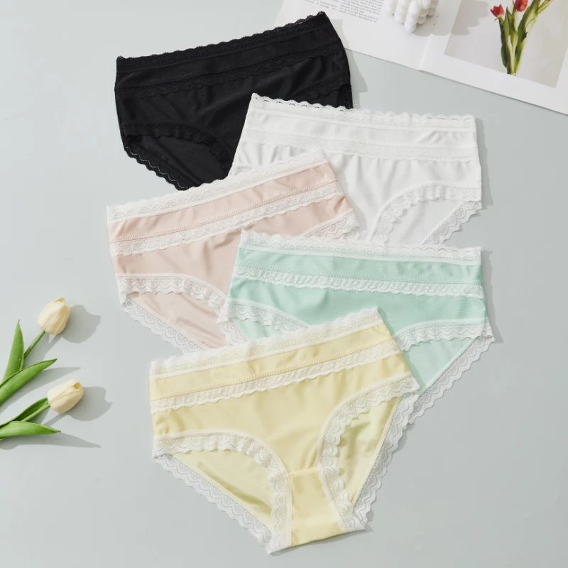 5 Stück Spitzenverzierte Damen-Slips Sexy Damen-Unterhosen Atmungsaktive Weiche Dehnbare Niedrig Sitzende Einfarbige Damen-Slips