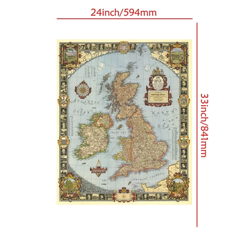 Mapa del Reino de los grandes británicos, lienzo no tejido, pintura artística, póster sin marco e impresión, decoración de pared para sala de estar, 59x84cm