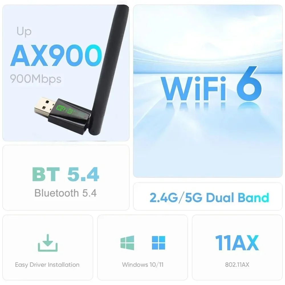 

900Mbps WiFi 6 USB Adapter Bluetooth 5.4 AX900 USB Dongle Wireless Network Card Dual Band 2.4G 5G Ethernet Receiver Free Driver