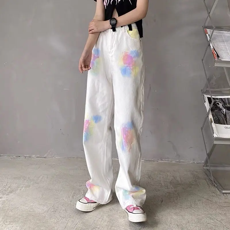 New Women Tie Dyed Jeans Spring Autumn Pocket Painted Pattern Washing High Waist Fashion Casual Loose Versatile Wide Leg Pants