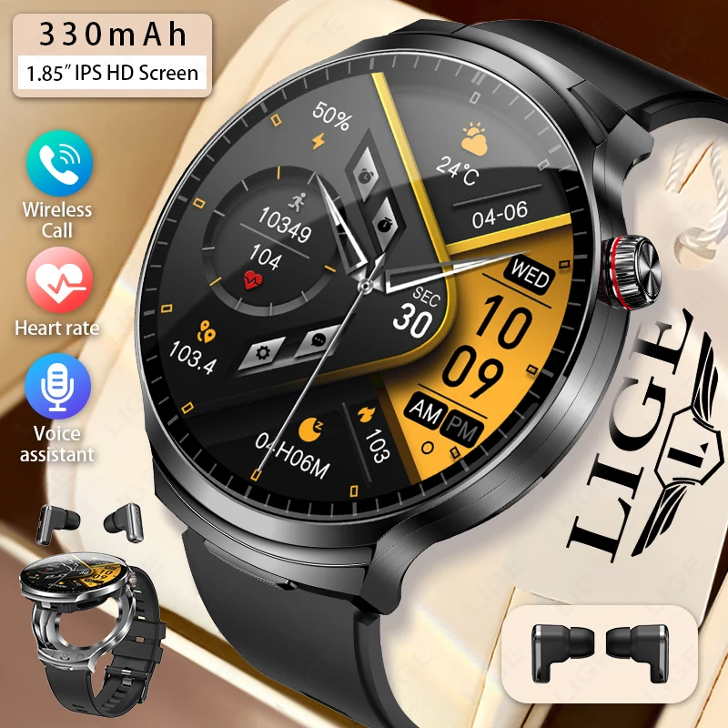 

Смарт-часы LIGE 2026 New TWS 2-в-1 с наушниками, Bluetooth-вызовами, мониторингом сердечного ритма и здоровья, музыкальные часы для мужчин, 1.85 дюйма