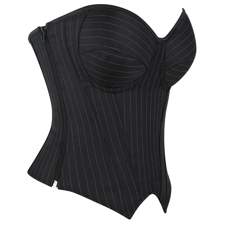 Women Sexy Strapless Office Style Corset Fashion Black Striped Overbust Corset Lady Simple Elegant Corset Lace-Up Zip Bustier