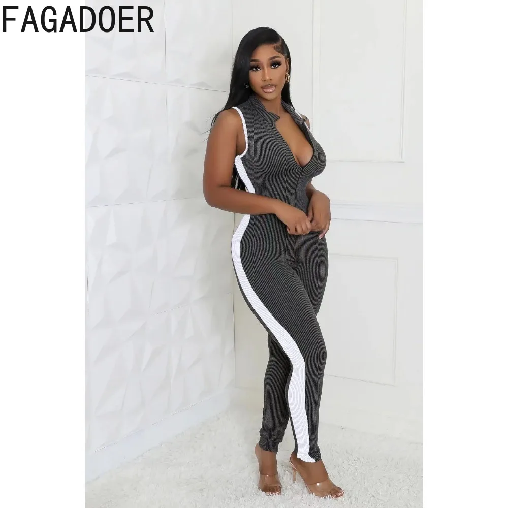 FAGADOER Fashion Stripe Stitching Bodycon One Pieces Jumpsuits Women Deep V Sleeveless Slim Playsuits Female Zip Sporty Overalls