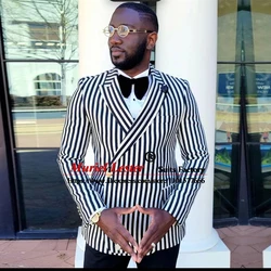 Spring/Autumn Men Suits Black/White Stripe Groom Tuxedos Notched Lapel Blazer Sets Double Breasted Coat Slim Fit Man Jacket 2022