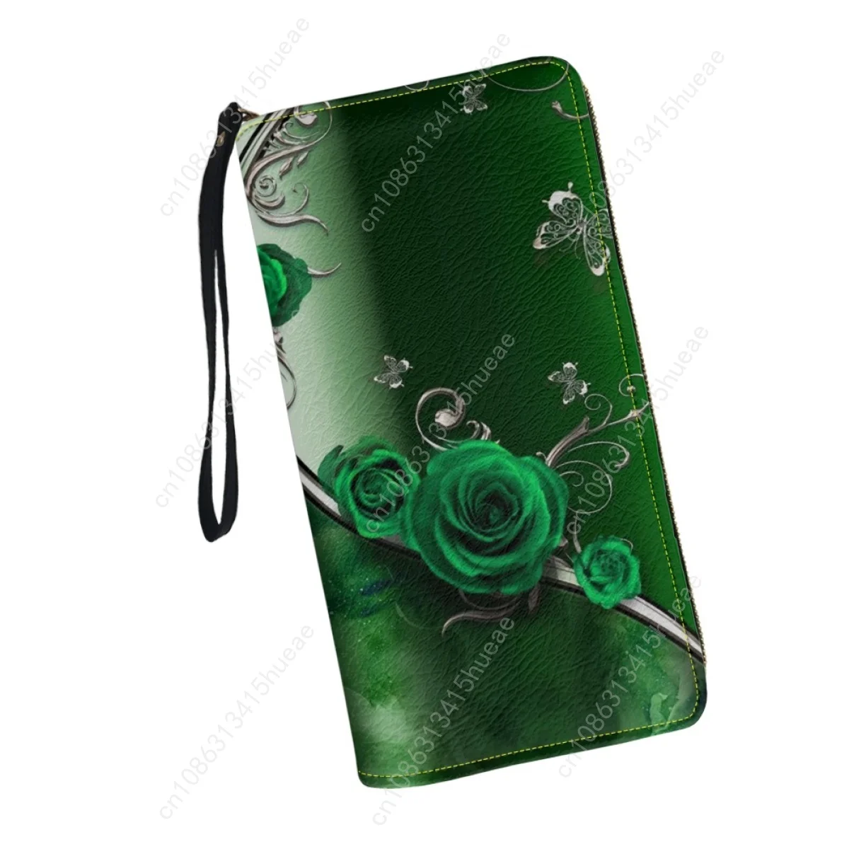 Moda Gothic Rose Green Skórzane portfele dla kobiet Luksusowa marka 2023 Torebki damskie Pasek na nadgarstek Torebka Casual Card ID Holders