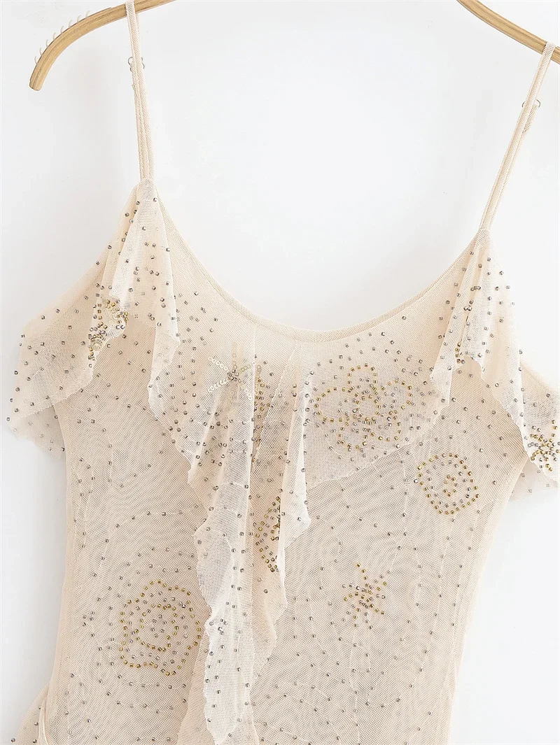 Vestido feminino verão novo estilo luz champanhe em camadas decoração de contas vestido longo sexy alça espaguete design elegante