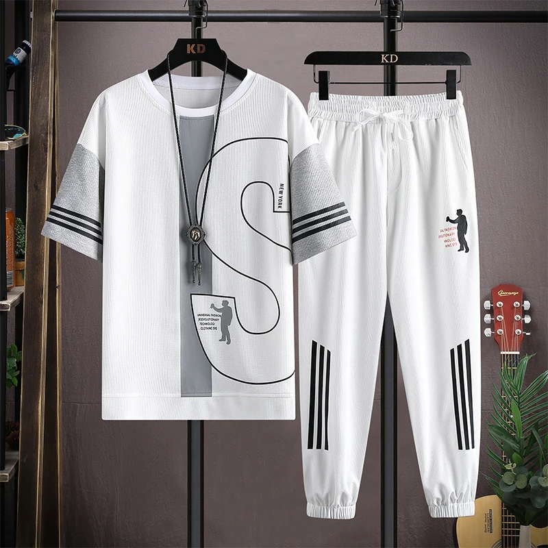 Hot-Selling Summer Men\'s Trousers Tracksuit 2 Piece Set Fashion Sportswear Short Sleeve T Shirt+Long Pants Male Clothing