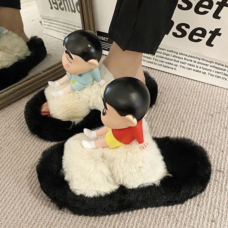 Internet celebrity Crayon Shin chan hairy cotton slippers women's winter new item anti slip Korean version warm one line mop