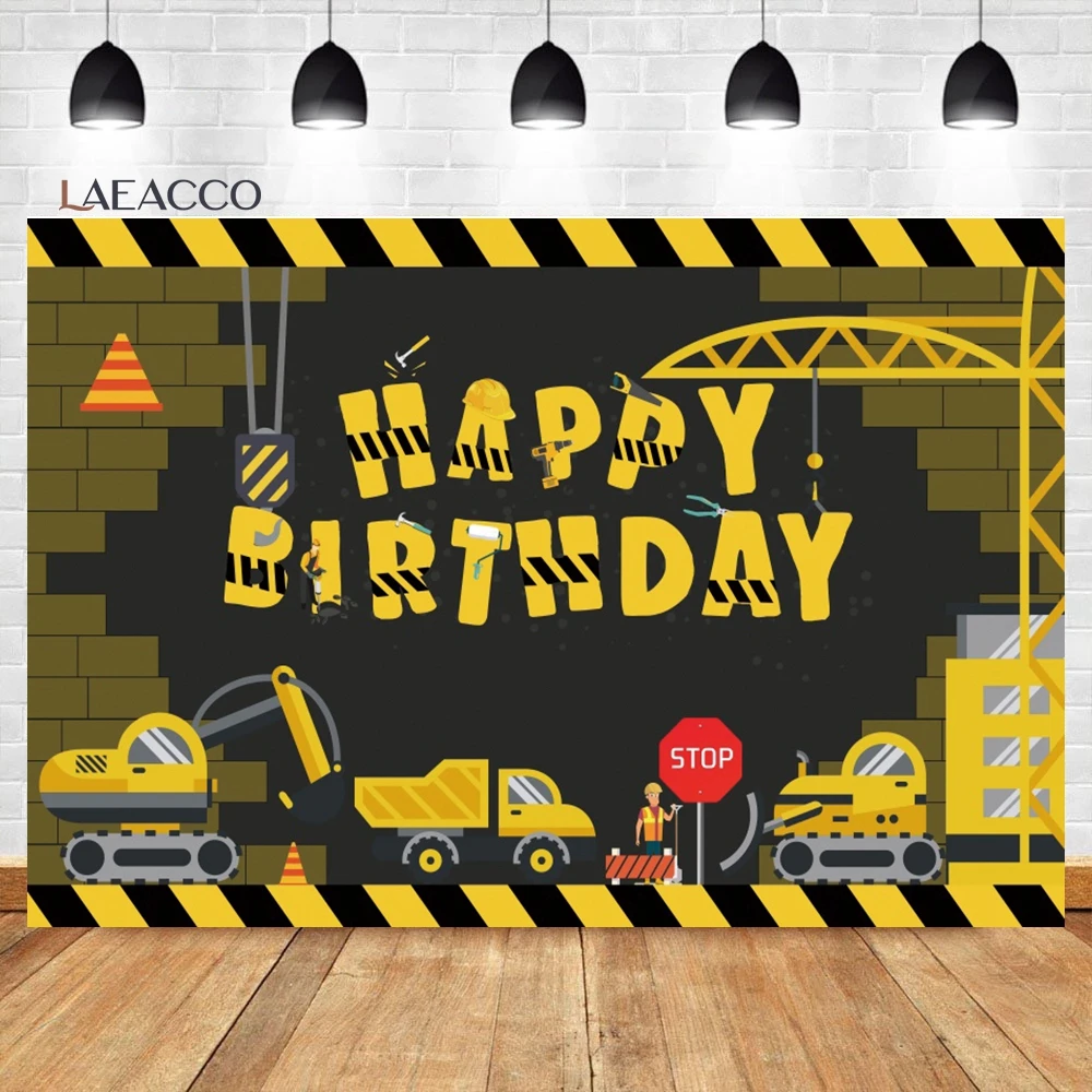 Laeacco Birthday Backgrounds Construction Zone Excavator Truck Crane Builder Boy Newborn Photography Backdrops For Photo Studio