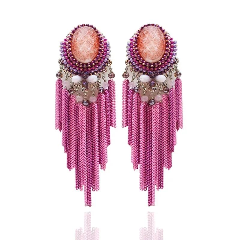 S925 الأقراط الطويلة العرقية المنسوجة يدويا البوهيمي الشرابة القرط للنساء