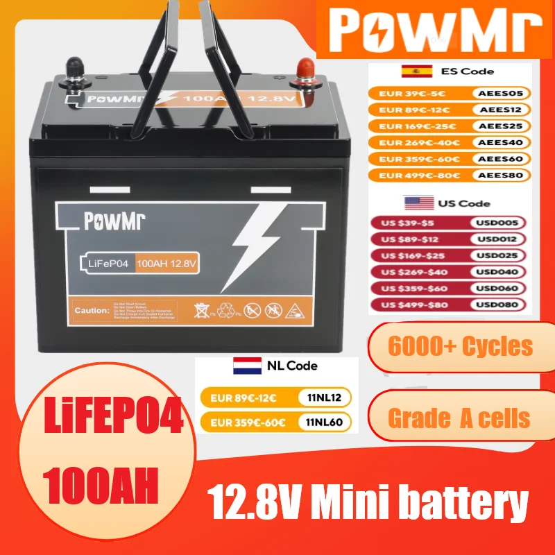 12V 100Ah Mini LiFePO4 Lithium Iron Phosphate Battery Pack Built-in BMS Outdoor Camping Home Power Supply Solar Storage System