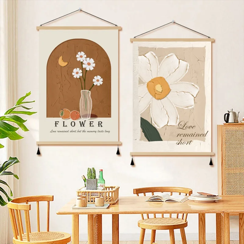 Boho Daisy Flower Hanging Scroll with Tassels, Cream White Abstract Floral Wall Art for Living Room Bedroom Aesthetic Room Decor