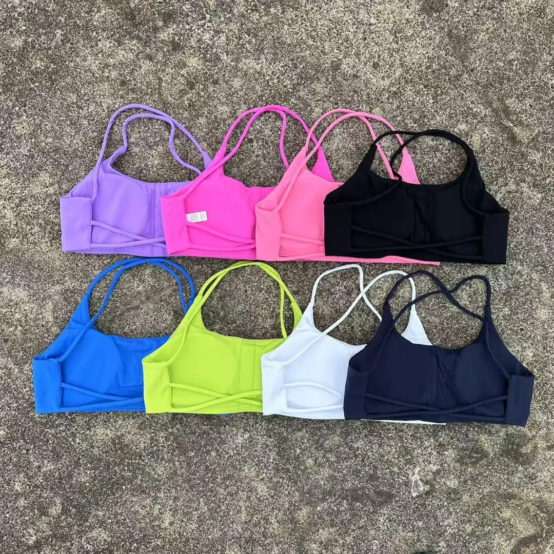 Sutiã de fitness monocromático para mulheres, colete de ioga, ginásio esporte top, costas ocas, almofada no peito, quatro alças, cross-back, push