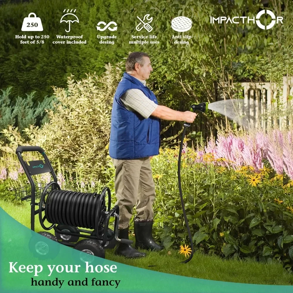 Garden Hose Reel Cart - 4 Wheels Heavy Duty Hose Cart, Nozzle & Waterproof Cover Cart Included