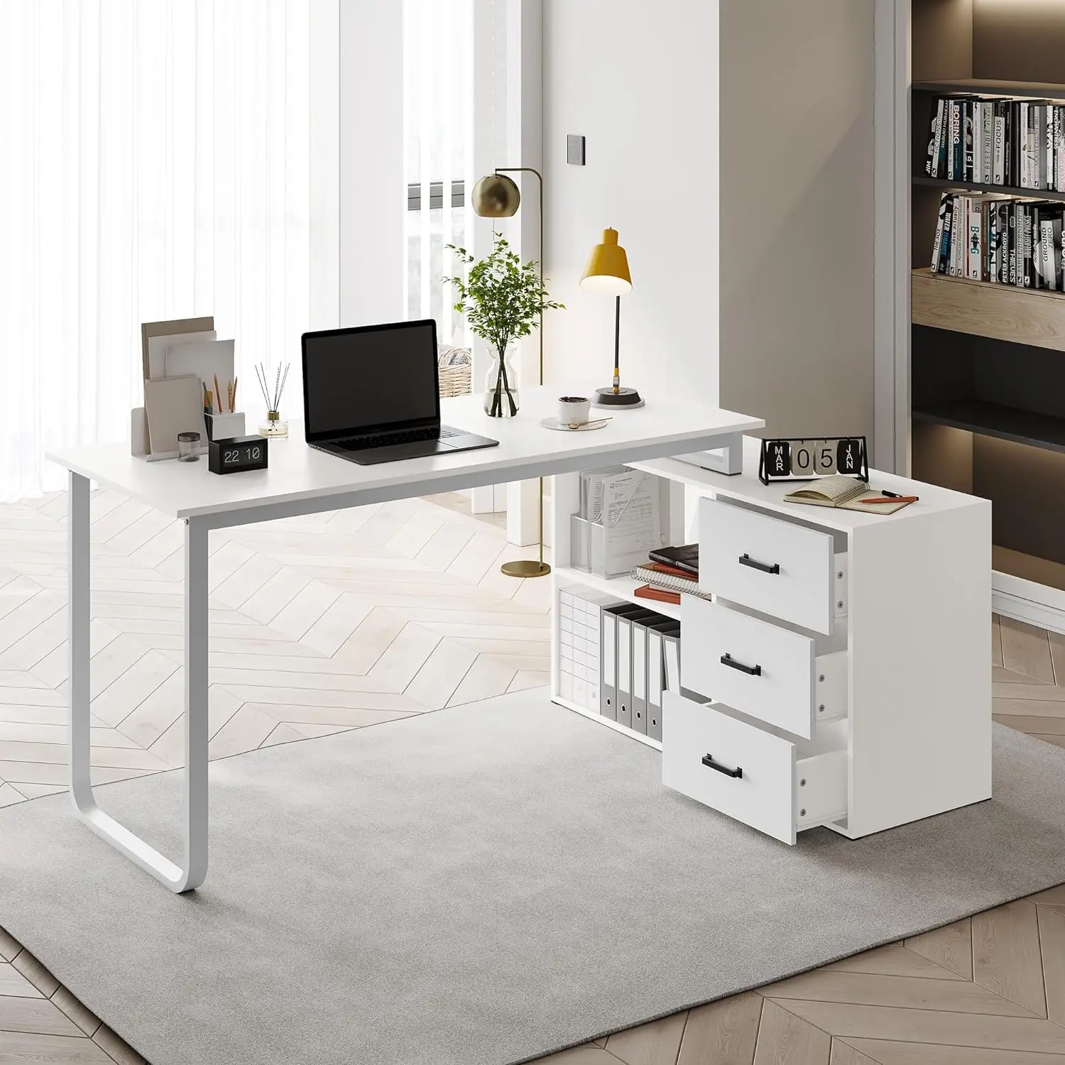 

L Shaped Computer Desk with 3 Drawers and Shelf,55" Large Home Office Corner Desk with Storage Cabinet,PC Executive Writing