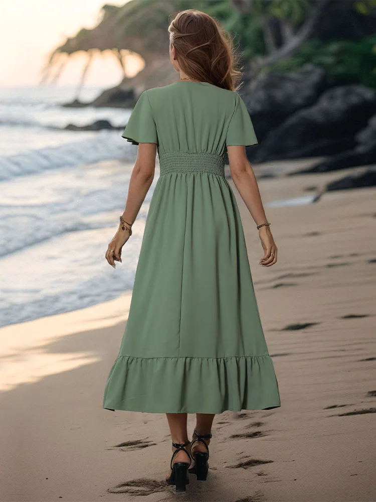 Summer dress waist tied casual vacation short sleeved pleated classic vacation Short level V-neck Green Dresses 2024