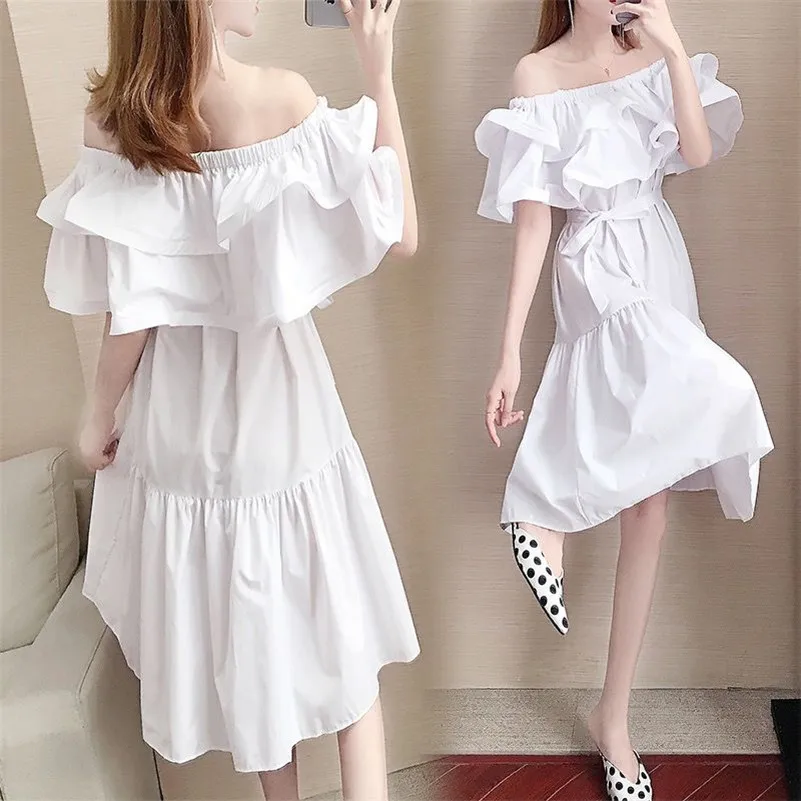 Summer Sweet Women Cotton Linen Midi Dress Slash Neck Ruffles Off the Shoulder Solid Casual Dress Femme Elegant Party Dress