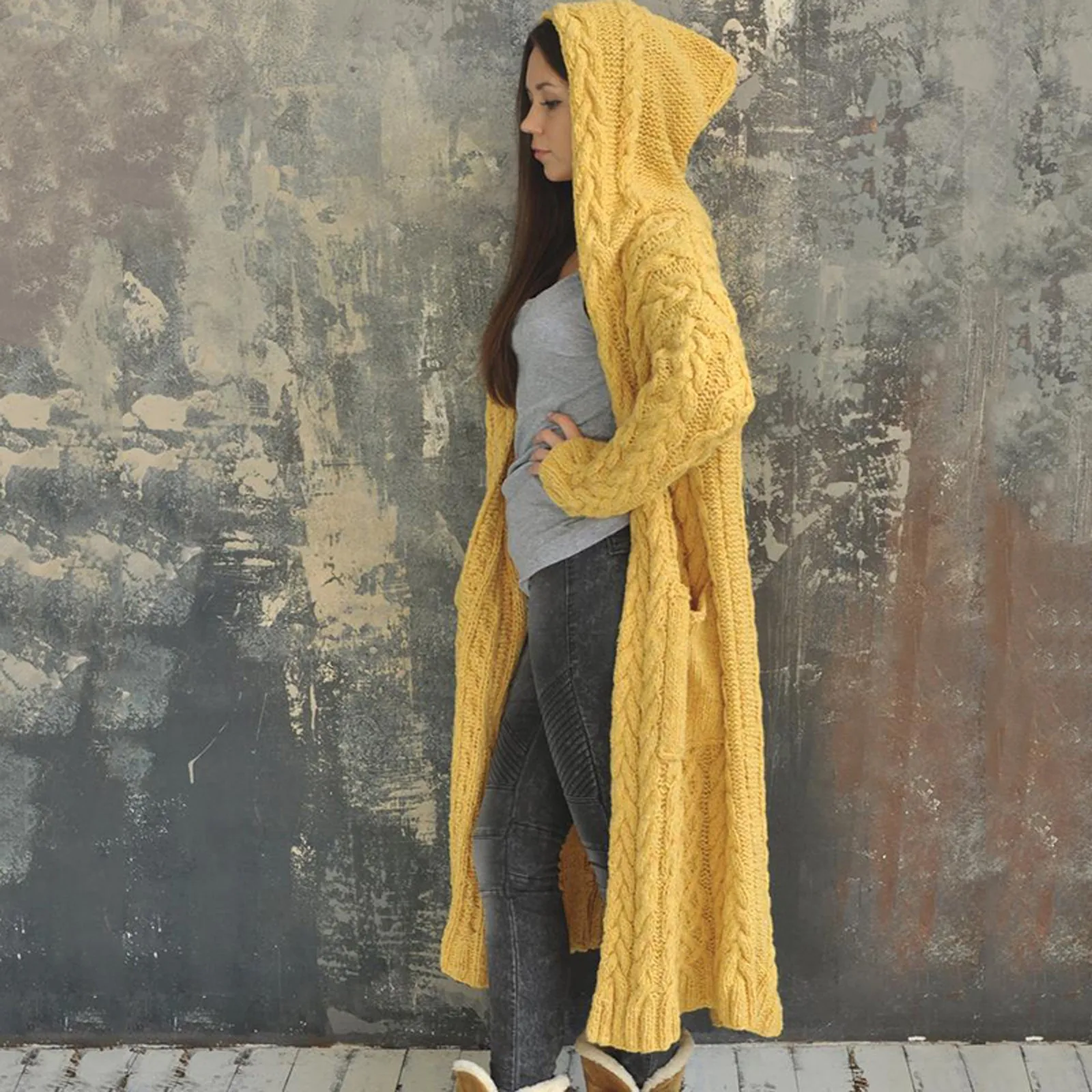 Sweatshirts Cardigan Women Solid Color Long Sleeve Braid Knit Cardigan Female Autumn Winter Hooded Pocket Sweater Coat Overcoat