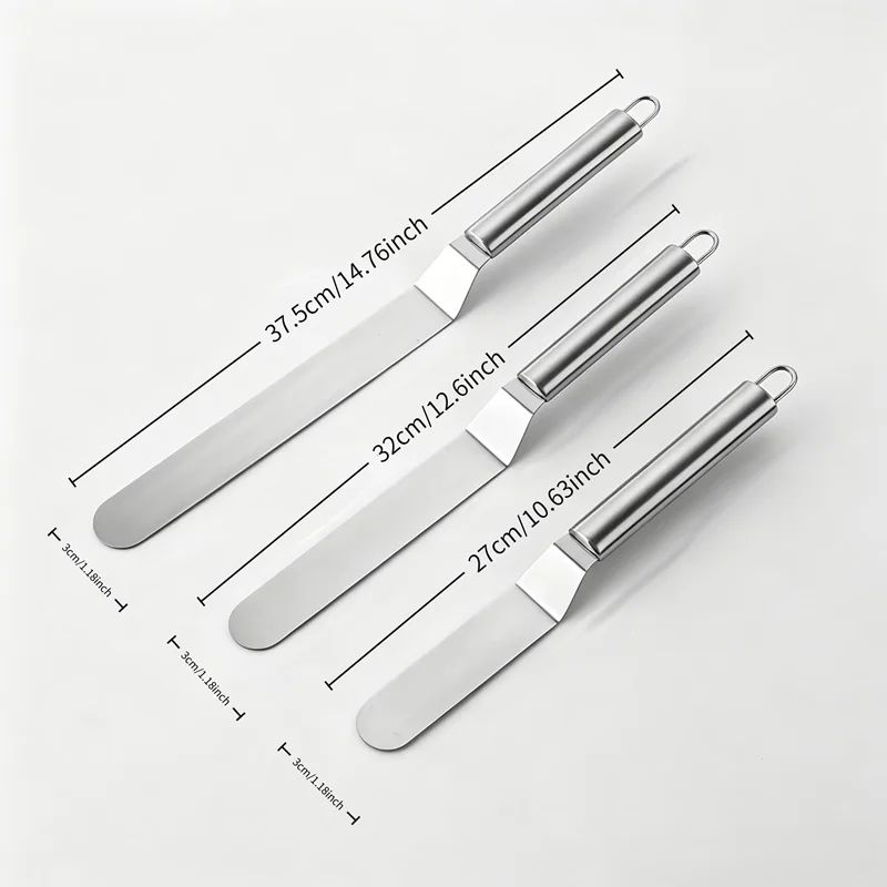 1.0mm Thick Stainless Steel Icing Spatula, 3 Sizes 27/32/37.5cm, Food Contact Safe, Welded Handle for Cake Decor & Baking