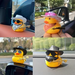 Cowboy Duck with Guns Car Dashboard Decorations Rubber Duck Car Ornaments with Cool Accessories Mini Swim Ring Sun Hat Sunglasse