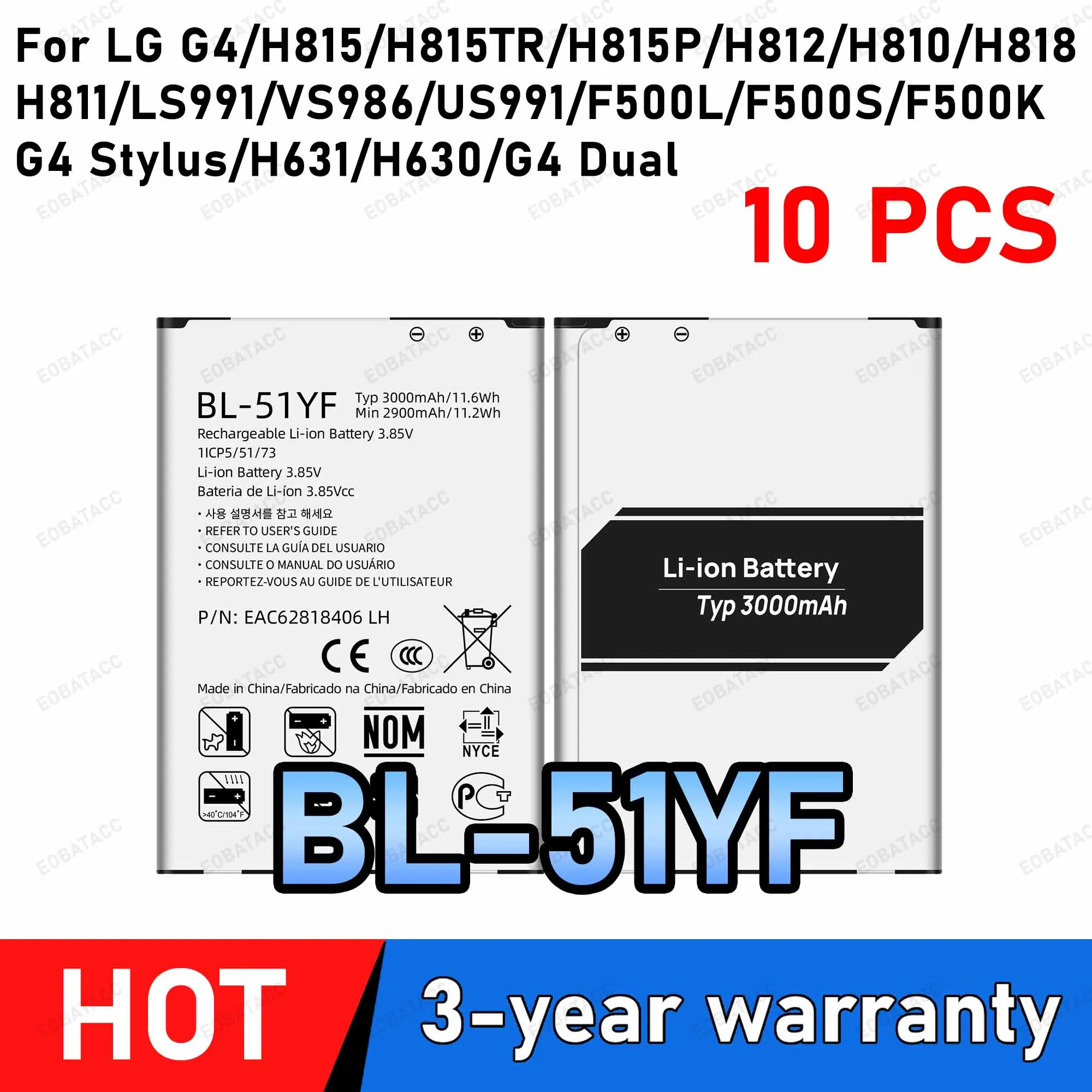 10Pcs BL-51YF 3000mAh Battery For LG G4/H815/H815TR/H815P/H812/H810/H818/H811/LS991/VS986/US991/F500L Mobile Phone