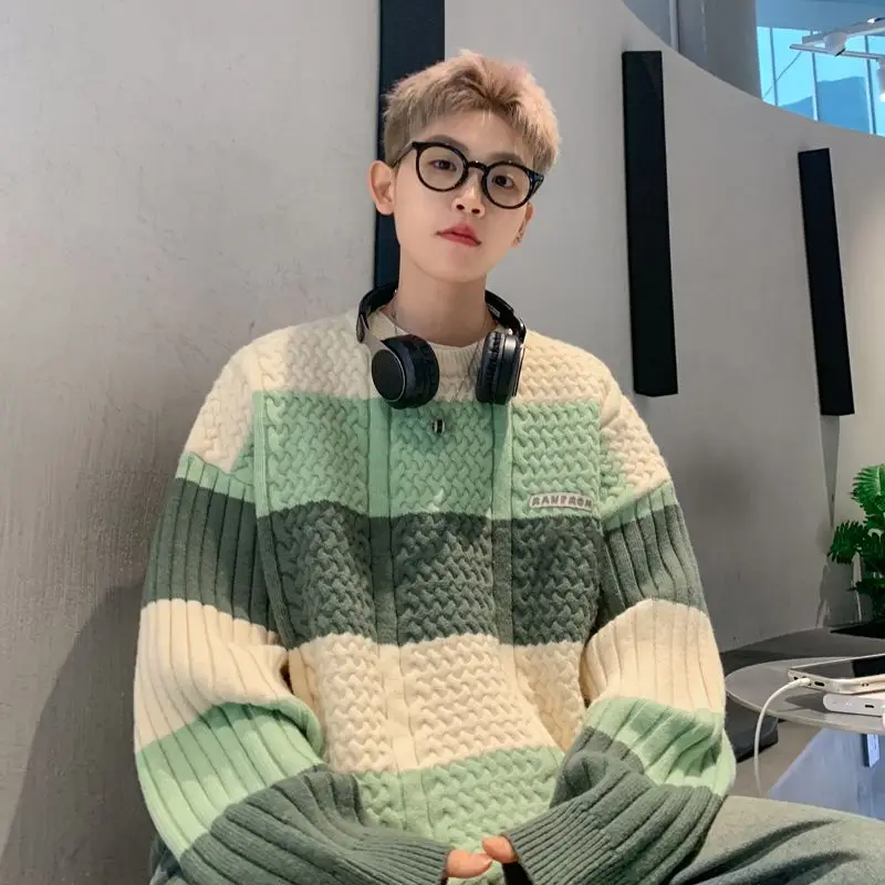 

Youth Student Winter Couple Sweaters Men Color Block Warm Thickened Chunky Knit Oversized HK Style Lazy Fashion High End
