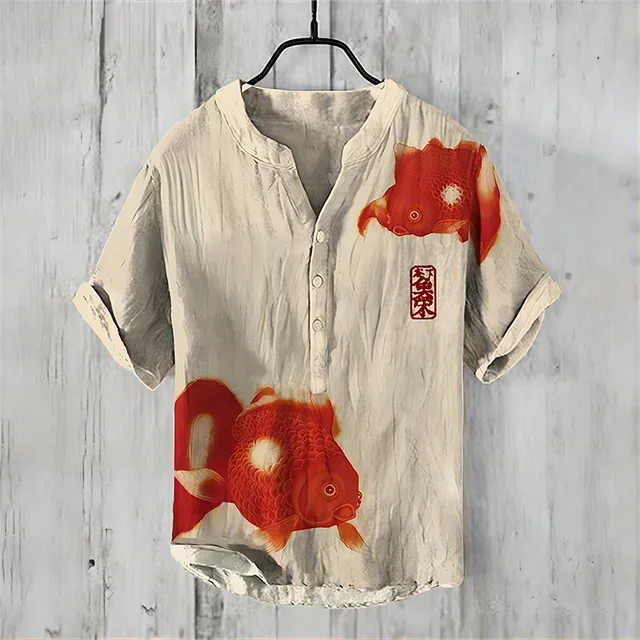 

summer shirt New Man summer Henley short shirt Vintage Sleeve T-shirt Cross border Men's Button V-Neck ink Art Print tops