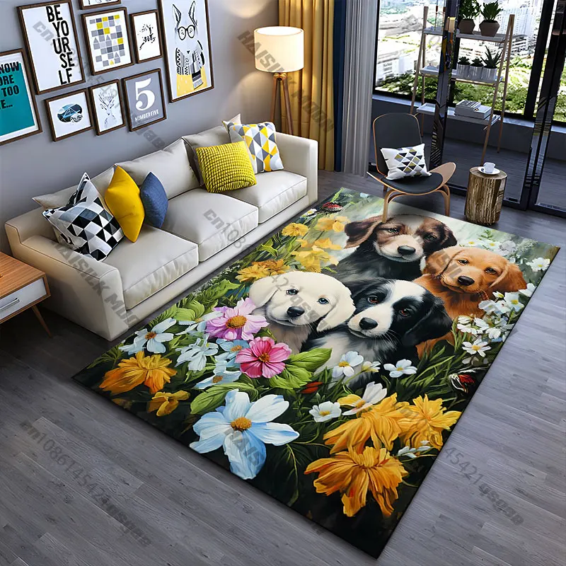 Puppies surrounded by colorful flowers carpet Yoga living room room decor children's crawling mat doormat area rug games mat