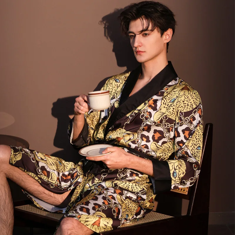 26 spring summer Sexy luxury men women pajamas ice silk long sleeve bathrobe  leopard print nightrobe nightgown sleepwear