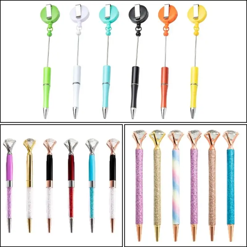

D57D 6Pcs Retractable Badge Reel Clip with Beadable Ballpoint Pen Office Supplies Beaded Ballpoint Pen with Badge Holder
