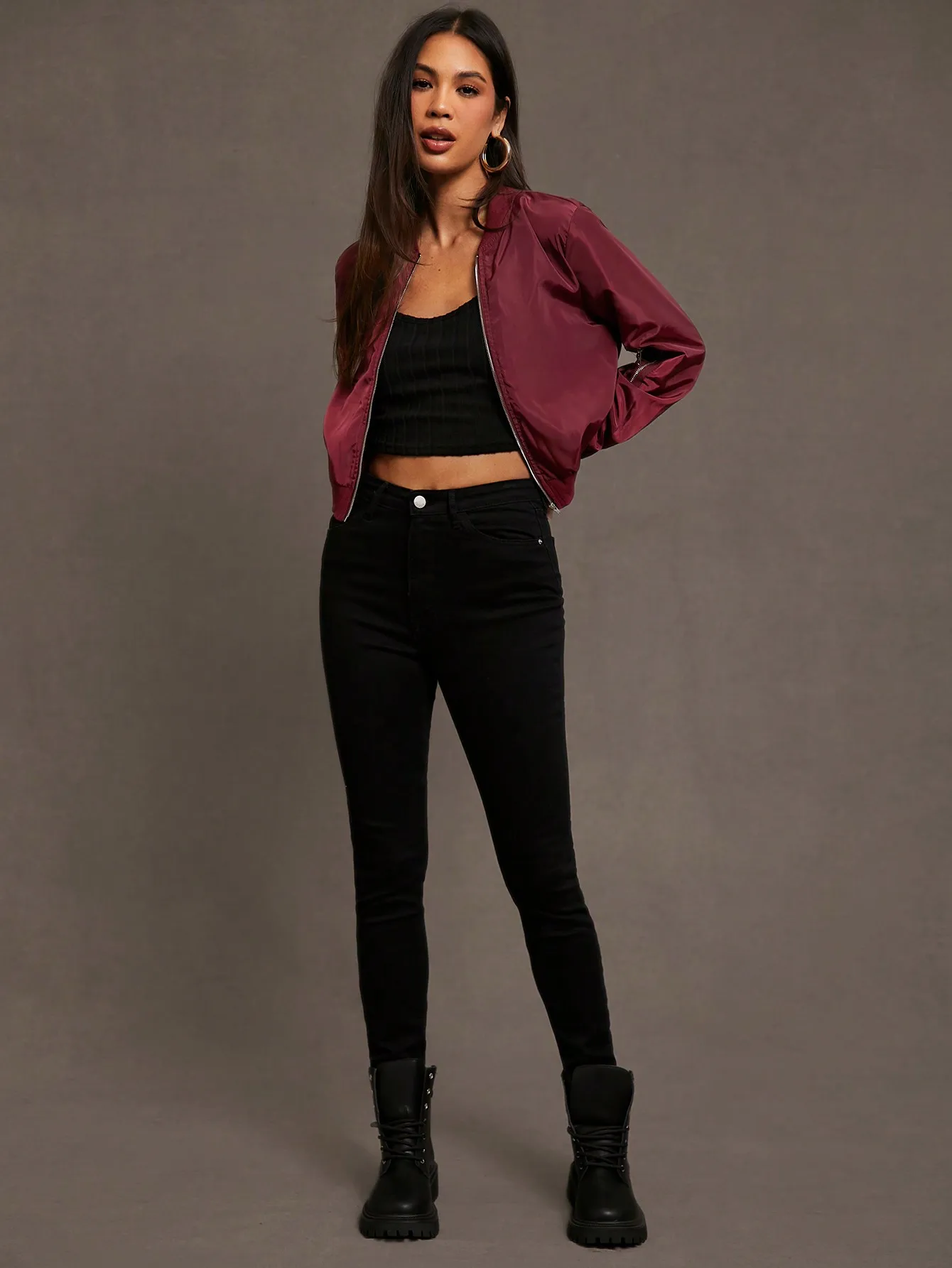 여성용 버건디 지퍼업 봄버 재킷, 캐주얼 가을/겨울 스타일, 리브드 커프스 & 헴