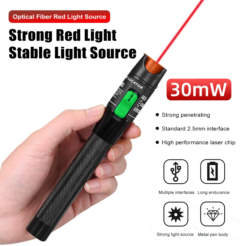 Universal 30KM VFL Light Pen Optic Light Source Fiber Cable Tester 30mW Visual Fault Locator 650+10nm Wavelength FC,SC,ST