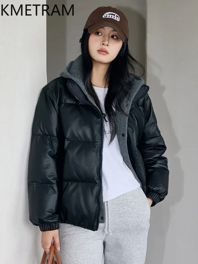 White Goose Down Puffer Jacket Women 100% Sheepskin Short Leather Jacket with Hood New in Outerwears Winter Clothes 2024 пуховик