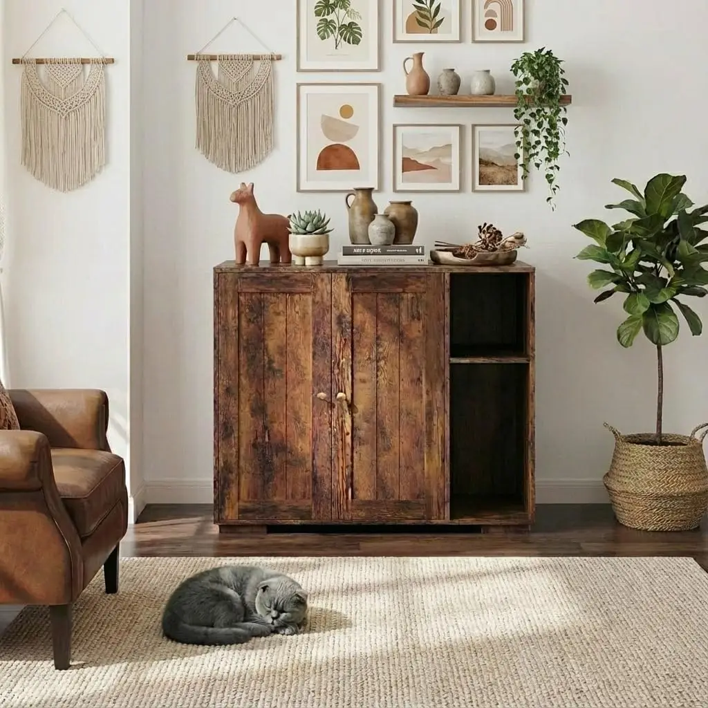 Mueble para Caja de Arena para Gatos con Tomacorriente Integrado, Estante de Almacenamiento a Prueba de Perros, Suministros para Gatos