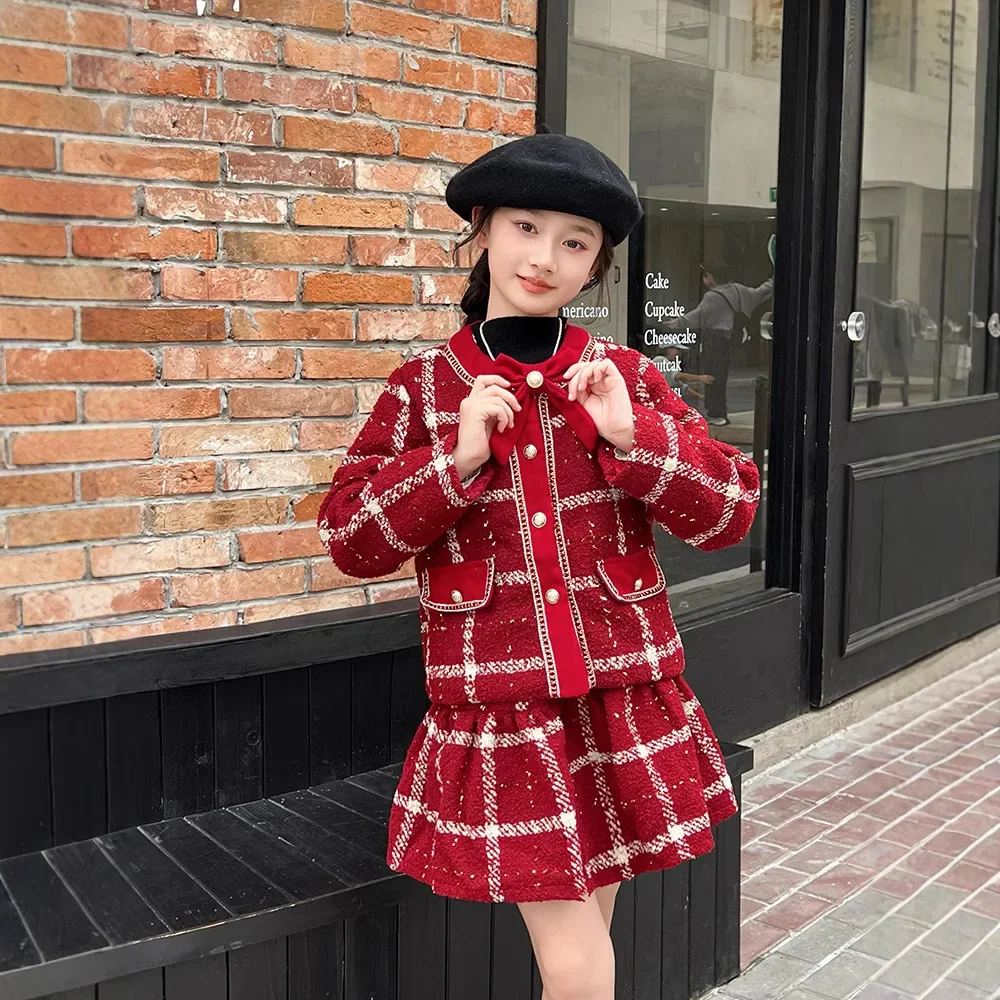 Girls Suits 2024 New Winter Childrens Clothes Girls Baby Foreign Style Chanels Style Bow Two-piece Set Casual Simple Daily