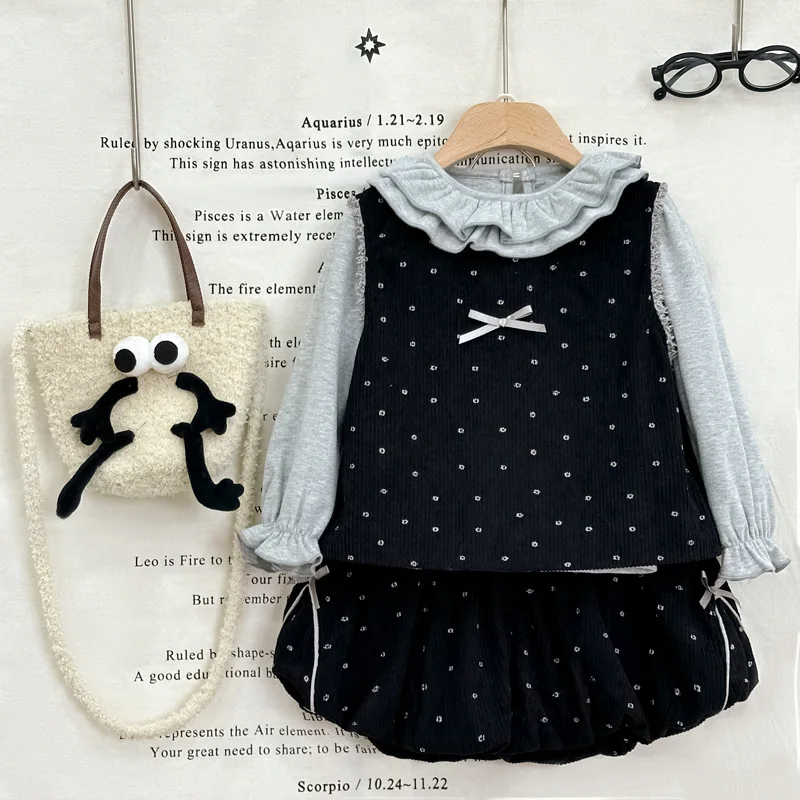 Girls' Suit2024Autumn New Lace Collar Bottoming Shirt Children's Sweet Polka Dot Vest Bud-Shaped Pants Tide