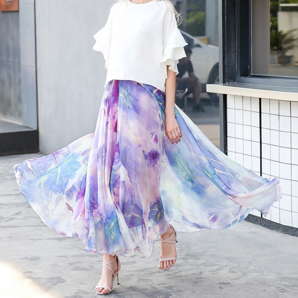 المرأة الشيفون ليوبارد طباعة تنورة طويلة ، مرونة الخصر ، طويلة ، الشاطئ ، عطلة ، البوهيمي ، عطلة ، الكورية ، الصيف