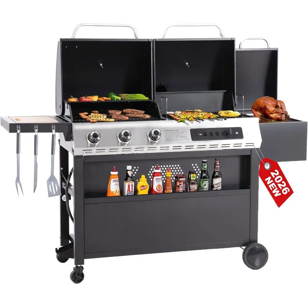 

Газовый и угольный гриль-комбо с 3 конфорками и коптильней Oset, 30 000 Dual Fuel Grill, 839 кв. футов. Внутри. Зона для приготовления пищи с грилем-барбекю, идеально подходит для улицы