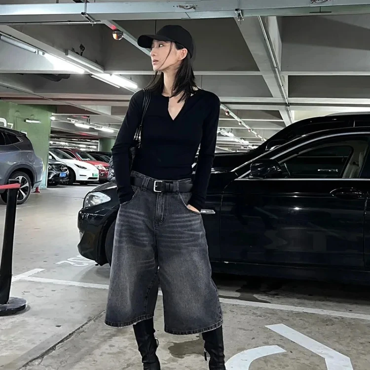 

Vintage Washed Black Denim Pants Women 2024 Summer High Waist Loose Wide Leg Y2k E-Girl Unisex A-line Calf- Length Chic
