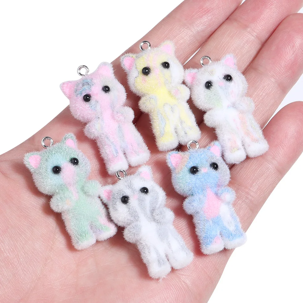30pcs Resin Flocking Cute Colorful Charms Kitten Plush Doll Pendant for Keychain Necklace DIY Making Jewelry Accessories