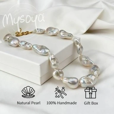 

MYSOYA 14-18mm White Baroque Freshwater Pearl Necklace With Gift Box Perfect Gift For Wedding Birthday Christmas New Year
