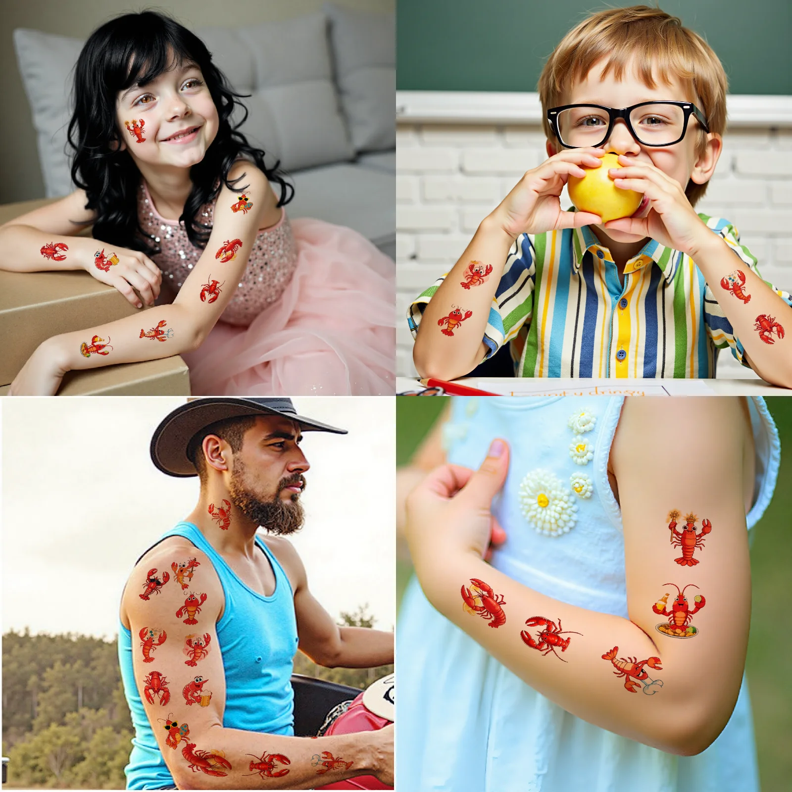 54 قطعة جراد البحر الوشم المؤقت مع الجير ملصقات الوشم المؤقت الموسيقار جراد البحر كاوبوي جراد البحر للأكتاف