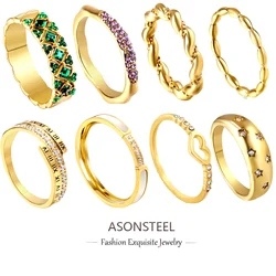 ASONSTEEL Trendy Green Cubic Zirconia Imitation Pear Geometric Round Rings For Women Gold Color Stainless Steel Wedding Jewelry