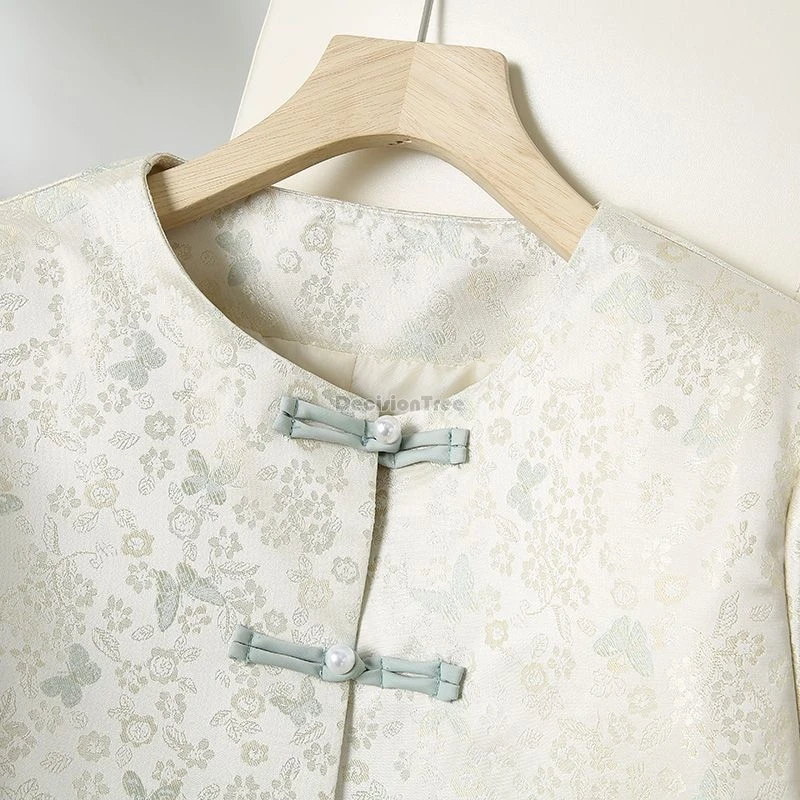 New Chinese style women long sleeve lapel tang suit top Women spring new retro improved daily satin shirt