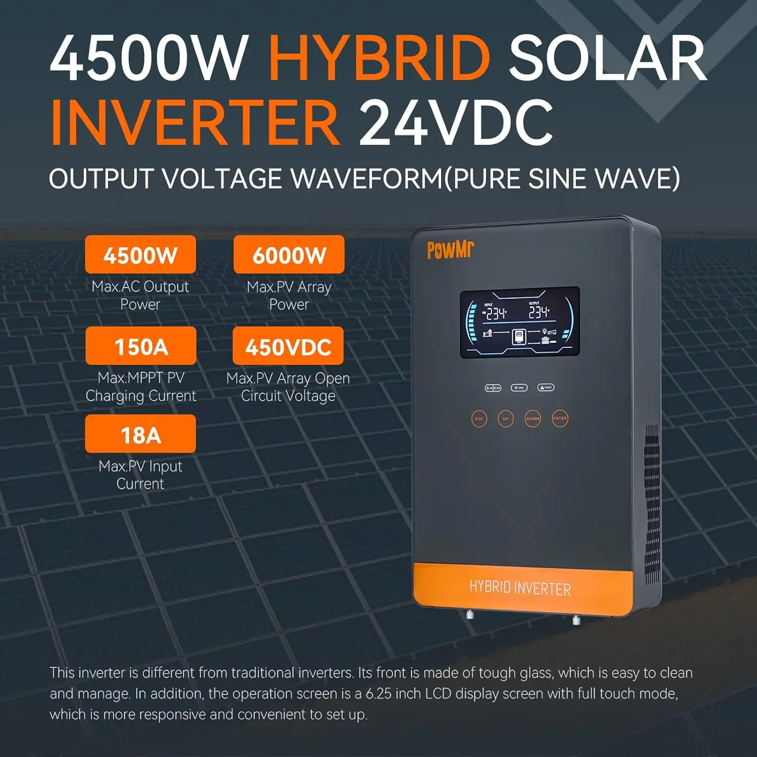Imagem -02 - Powmr 4500w 6500w Inversor Solar Híbrido 24v 48v 230v Off Grid Inversor de Onda Senoidal Pura com Mppt 130a 150a Carregador de Bateria Solar