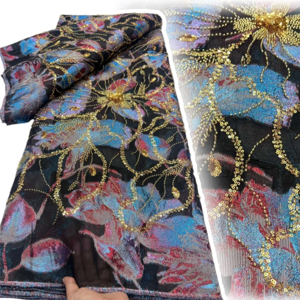 

Африканская парча из бисера, жаккардовая ткань с блестками, дамасский материал, нигерийская позолоченная кружевная ткань, 5 ярдов, Dentelle Africaine TP1325